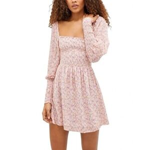 Hill House The Grace Nap Dress Pink Pansy Floral Smocked Mini L Cottagecore NWT